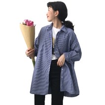 퀸하우스 루즈핏 원포켓 스트라이프 롱 셔츠