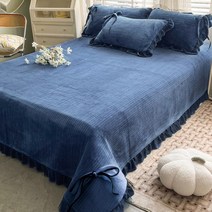 스프레드 푹신 편안 여름 운동 홈트 매트 별빛스토어 겨울 우유 벨벳 침대 시트 단일 조각 플러스 벨벳 두꺼운 자수 산호 벨벳 이불 미끄럼 방지 매트 시트 매트리스 싱글 침대, 3피스 침대 시트 세트-230x250cm 침대 시트, YIS Anna-Haze 블루 보우 레이스