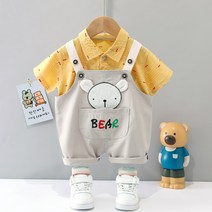 LZYJY 0-4 살짜리 아기 만화 곰 정장 2022 여름 새로운 어린이 짧은 소매 셔츠 suspender 바지 두 조각 캐주얼 스포츠웨어