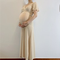 ( 바로배송 ) 랩원피스 날개 소매 블랙 베이지 임산부 만삭 촬영 원피스 주수 사진