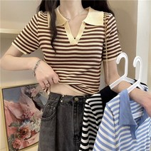 zazx 짧은 옷 줄무늬 여자 상의 브이넥 독특한 니트 반소매 정어깨 티셔츠 여름 프렌치 스타일 날씬해 보이는