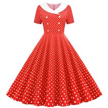 패션 womens 라인 플레어 빈티지 드레스 Bowknot Prom 스윙 짧은 소매 폴카 도트 인쇄 파티 드레스