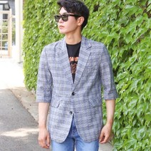 바젤 댄디한 체크 남성하객룩 린넨자켓
