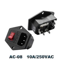 IEC320 C14 전기 AC 소켓 3 핀 빨간색 LED 250V 로커 스위치 10A 퓨즈 암 수 입구 플러그 커넥터 2 마운트, AC-08