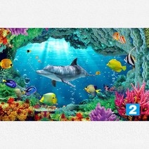 뮤럴벽지 3D 자기접착벽화 해저세계 스티커 방수방습 오션월드 벽화, 수중 세계 2, 폭 300cmX 높이 200cm [3 사진 접합]