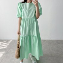 어멜리스 여성용 비비드 셔링 캉캉 롱 퍼프 반팔 원피스 (4color)