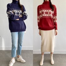 루즈핏 오버핏 눈꽃 노르딕 터틀넥 목폴라 니트 티셔츠