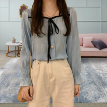 여성용 스퀘어넥 배색 리본 긴팔 블라우스