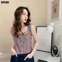 DFMEI 레인보우 나시 여 매콤 숏 슬림 니트 레깅스 민소매 티셔츠