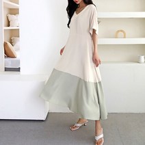 여자 배색 레이어드 브이넥 임산부가 입기좋은 원피스