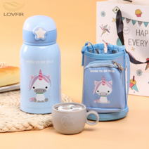 LOVFIR 316 스테인레스강 어린이 빨대 물병 원터치 어린이 물통, 유니콘-블루, 580ML