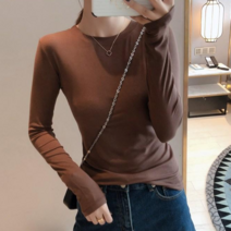 팡드리옷장 여성 봄 가을 긴팔 데일리 라운드 면 슬림 기본 무지 티셔츠