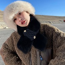 [3+1] 2022년 최신상 촘촘하고 두툼한 퍼 머플러 깔끔한 니트소재 고리 목도리, 블랙