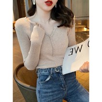 여성 V넥 간절기 스웨트 골지 니트티