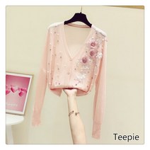 티피/Teepie 꽃 자수 스터드 구슬 브이넥 긴팔 니트 카디건 여성 캐주얼 코트