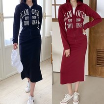 렛잇샤인 빅사이즈 슬림핏 레빈 하이넥 집업점퍼+롱스커트 데일리 여자 트레이닝복 상하의세트