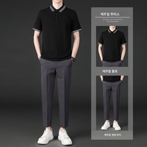 여름 9부 정장 남 슬림 캐주얼 바지 반팔 골프 셔츠 세트 투피스 패션