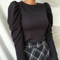 어깨퍼프 셔링티셔츠 벌룬디자인 퍼프슬리브 라운드넥
