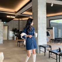 메이블 / 위트 카라 스티치 생지 진청 데님 미니원피스