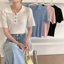 스타일아유 여성 여름 오픈 카라 골지 여리여리 버튼 반팔 니트