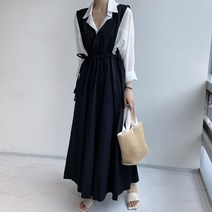 리본 레이어드 뷔스티에 플레어 롱 원피스