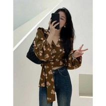 여성 블라우스 장미 프린트 브라운 브이넥 러플 카라