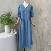 [행복여] 메이 투 포켓 브이넥 여름 청 데님 퍼프 원피스