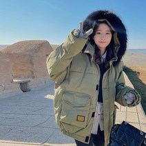 겨울후드집업 베이지 색 카고 다운 패딩 코트 여성 2022 와이드 루즈핏 작은 키 빅 털넥 숏 4979822743