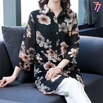 77우먼스 여성 7부소매여름셔츠 빅사이즈 쉬폰 블라우스 꽃무늬 땡땡이 체형커버 7부 소매 여름 셔츠 데일리룩 이월 이월상품 [리현커머스]