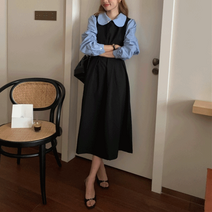 라운드 카라 셔츠 페이크 레이어드 플레어 롱원피스 AG117871