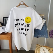 상상그이상 여성용 국내제작 나이 스마일 티셔츠 귀여운 프린팅 반팔티 루즈핏 캐주얼룩 사계절 티셔츠