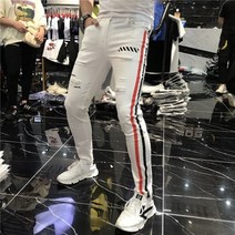 스트레치 남성 청바지 봄 캐주얼 데님 바지 사이드 스트라이프 스키니 진 조깅 화이트 남성복
