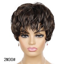 전문가 용 짧은 가발 여성용 천연 웨이브 블랙 컬러 내열성 섬유 합성 헤어 픽시 컷 앞머리, 2M30
