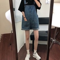 청멜빵바지 여자 귀여운 중청 앞포켓 멜빵 반바지 점프수트 롤업