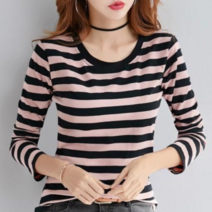 베러댓걸 여성용 가을 라운드넥 캐주얼 둥근라운드 스트라이프 긴팔티 긴소매