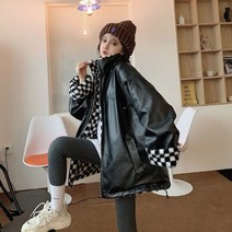 여성 리버시블 가죽 자켓 양면 체커보드 패턴 체크 무늬 인조 레더 오버핏 리버서블 빅사이즈