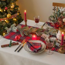 리즈제이니 체크 수술 크리스마스 식탁보 테이블러너, 크리스마스테이블러너 4인용 레드