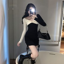 랩 원피스 빅사이즈 순욕 들 고양이 블러킹 패치워크 오프숄더 어깨트임 뚱뚱한 슬림핏 스퀘어넥 스판 4224609549