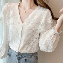 여성스러운 망토 레이스 카라 브이넥 여성 프릴 블라우스
