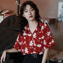 가바바 여성 빅사이즈 블라우스 강렬한 레드 패턴의 카라 셔츠 여름 블라우스 5XL 까지 G61961