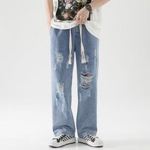 찢어진 청바지 남성용 스트레이트 루즈한 여름 모든 경기 바지 하이 스트리트 와이드 레그 캐주얼 바지