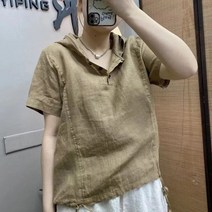 여성 연두색 후드티 대외 무역 원래 싱글 여성 의류 잉여 싱글 클리어런스 여름 캐주얼 코튼 린넨 후드 티셔츠 문학과 예술 단색 대형 모든 경기 탑