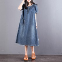 여성 봄 여름 반팔 원피스 오버핏 라운드넥 롱 데님 원피스 SFW