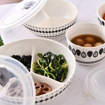 도자기 밀폐 원형 3칸 나눔 반찬 접시 반찬통(대) 1개+1개, 폴란드 다이아 1+1(대)