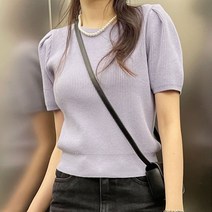 소매 퍼프 반팔니트 여성 라운드넥 크롭 티 셔링 골지 티셔츠 여자 봄 데일리 핑크니트