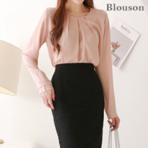 블루종 라운드 맞주름 긴팔 블라우스_B2308BL157C