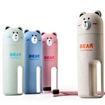 치프몰 정품 휴대용 곰돌이 칫솔2개 양치컵 세트 여행, 베이지
