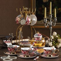 영국 로얄클래식 본차이나 엔틱 골드라인 장미 꽃그림 도자기 커피잔 찻잔 세트, 장미 3단 접시