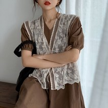 JUST FEEL!NG 레이스 브이넥 예쁜조끼 베스트 코디 가디건 여성 데일리 플라워 캐주얼 큐티 조끼