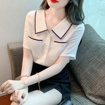 프랑스 세련된 달콤한 짧은 소매 셔츠 여성의 2022 여름 드레스 새로운 디자인 센스 콘트라스트 옷깃 스트라이프 탑 타이드